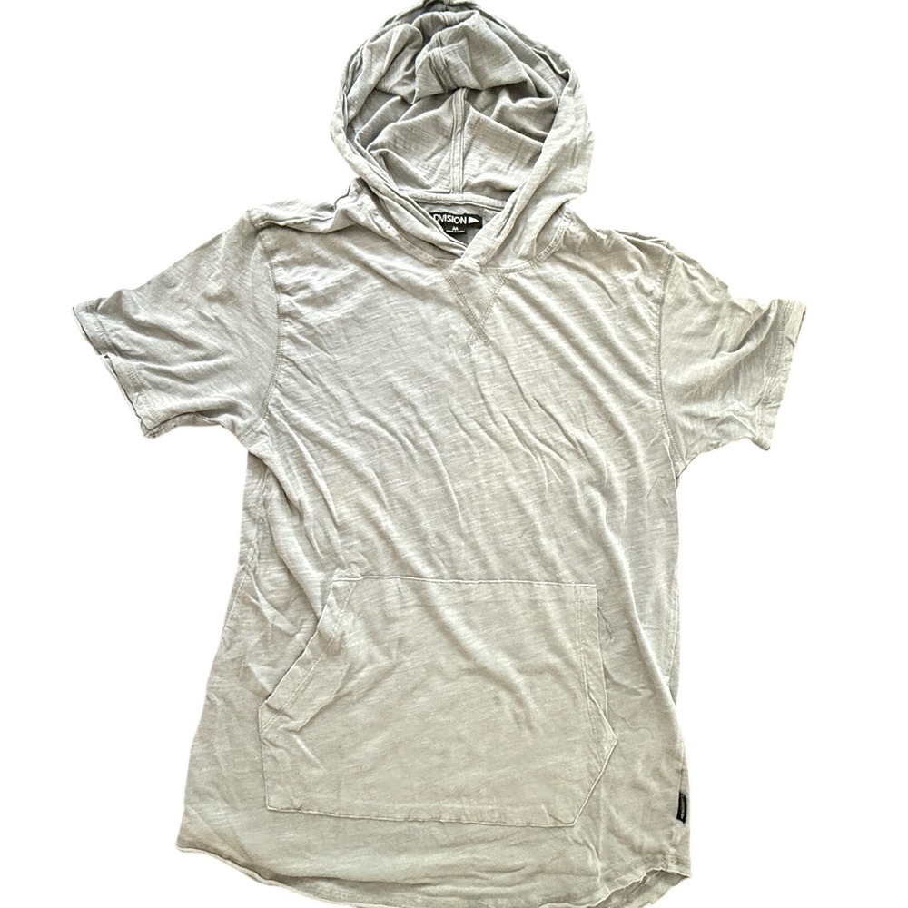 DVISION Mens Short Sleeve Hooded T-Shirt Gray Slub Knit Pocket Size Medium